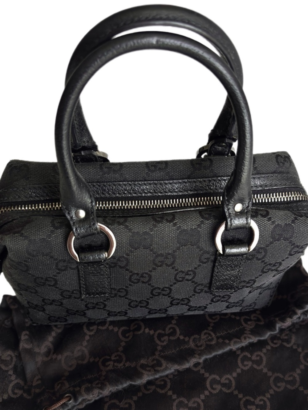 Vintage Gucci GG Canvas Black Boston Bag Mini Handbag Dual Leather Handles Y2K - Picture 8 of 13